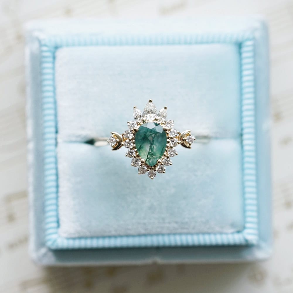 Crescent Moon Art Deco Moss Agate Ring - Daisy - Image 7