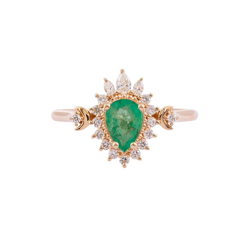 Crescent Moon Art Deco Emerald Ring - Theodora