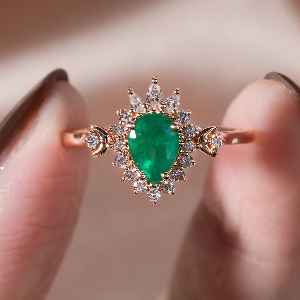 Crescent Moon Art Deco Emerald Ring - Theodora - Image 3