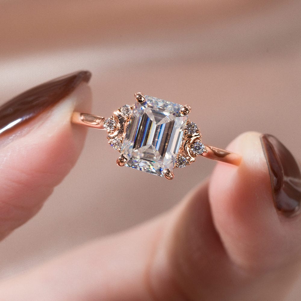 Crescent Moon Emerald Cut Moissanite Ring - Libra