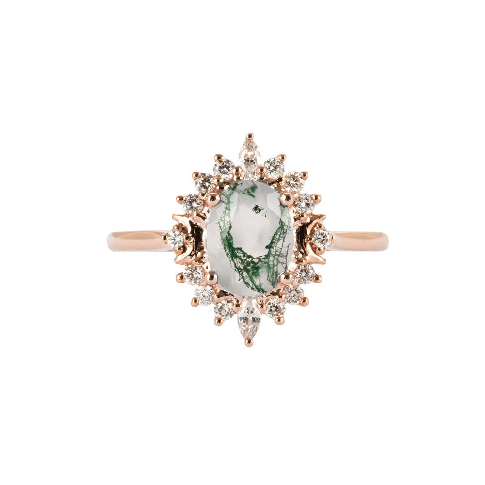 Crescent Moon Oval Cut Moss Agate Ring - Blossom - Image 2