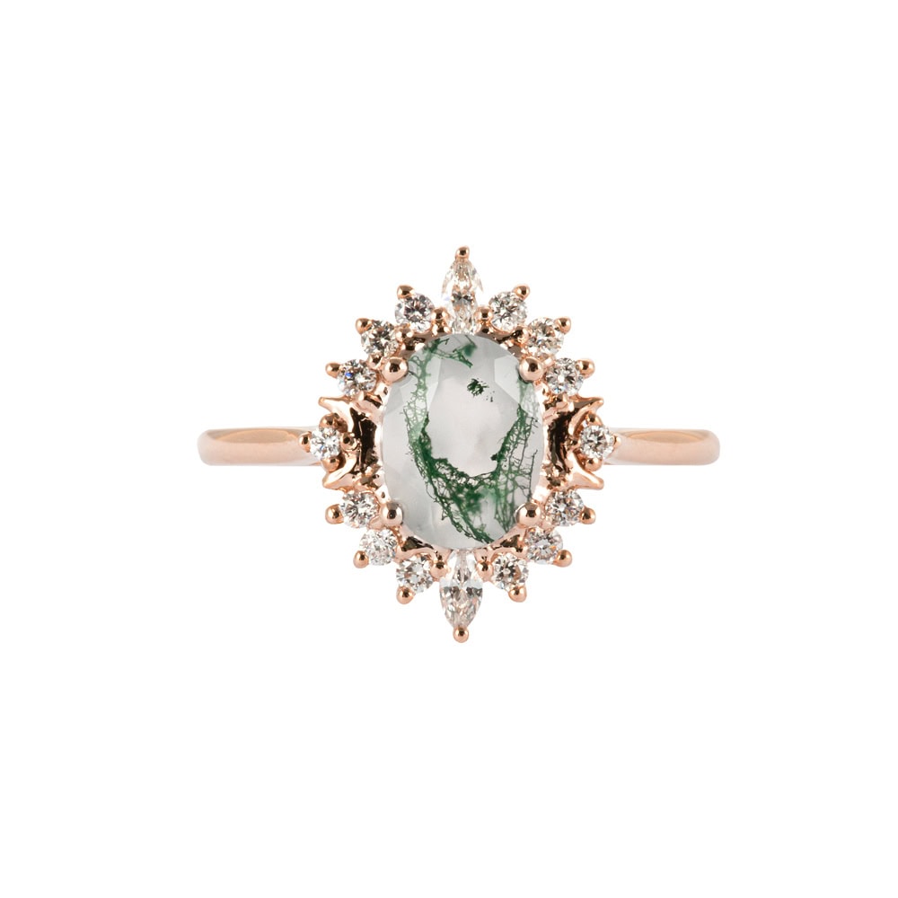 Crescent Moon Oval Cut Moss Agate Ring - Blossom - Image 2