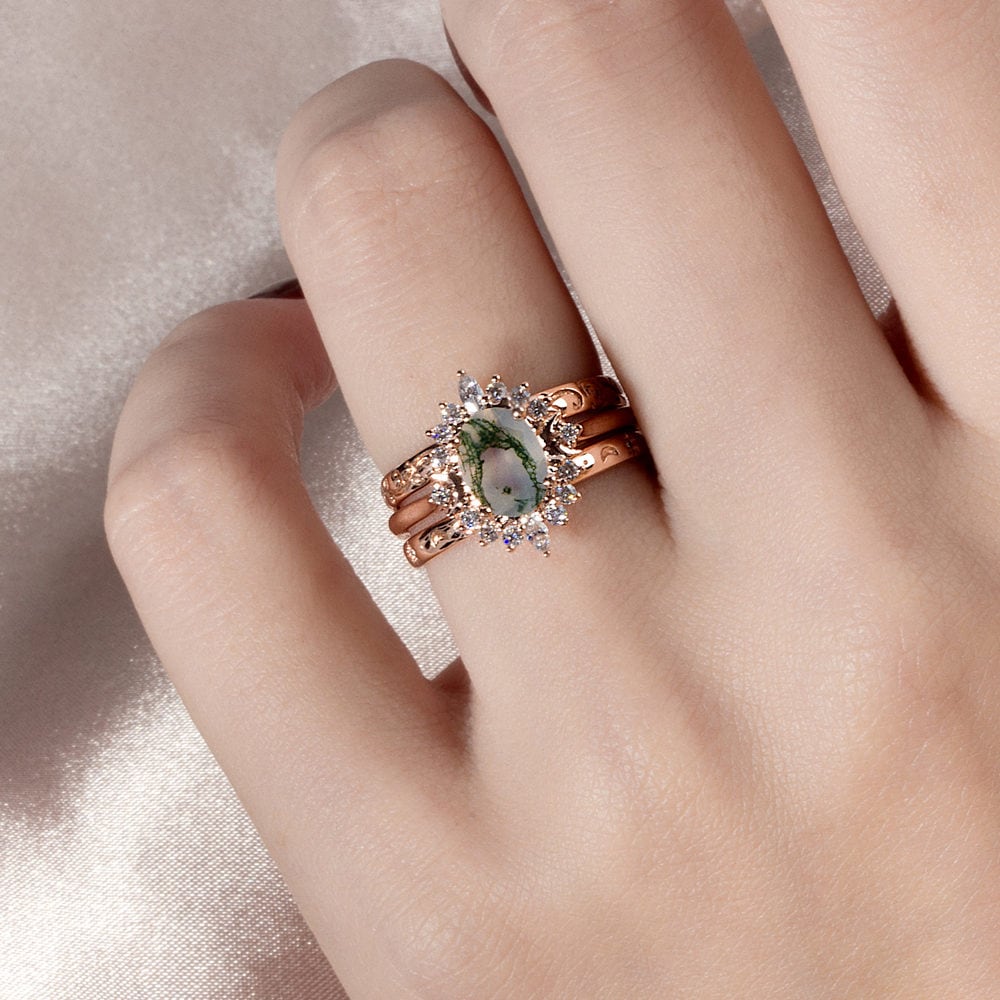 Crescent Moon Oval Cut Moss Agate Ring - Blossom - Image 5