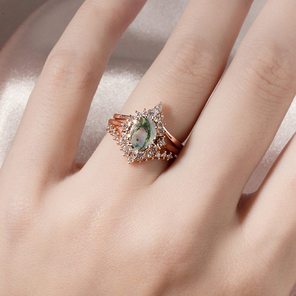 Crescent Moon Oval Cut Moss Agate Ring - Blossom - Image 6