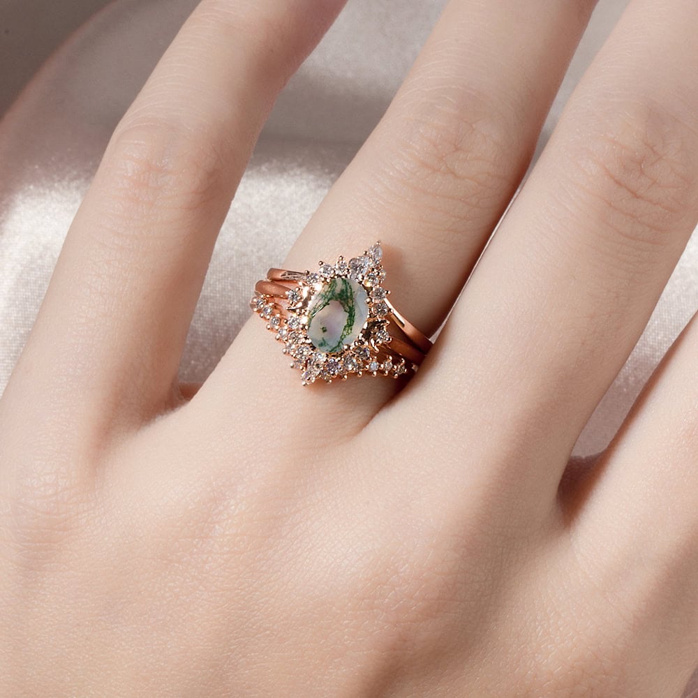 Crescent Moon Oval Cut Moss Agate Ring - Blossom - Image 6