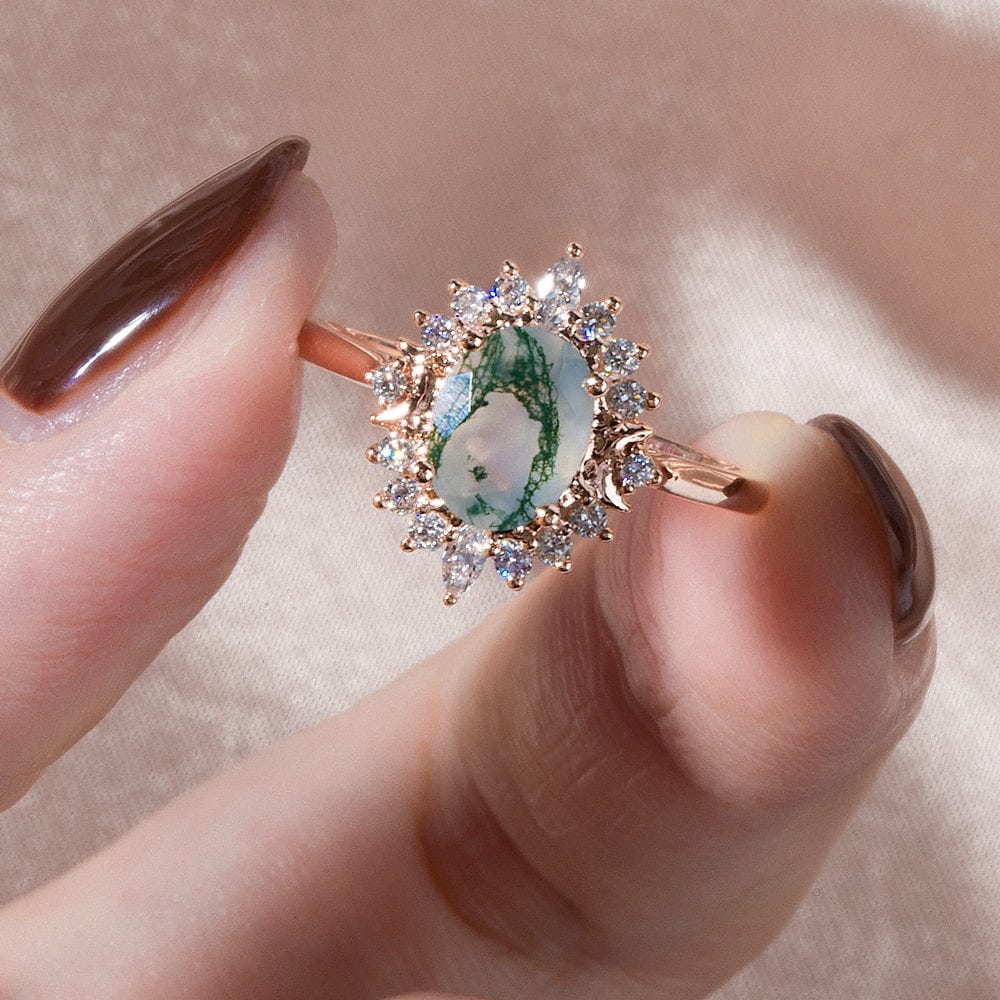Crescent Moon Oval Cut Moss Agate Ring - Blossom