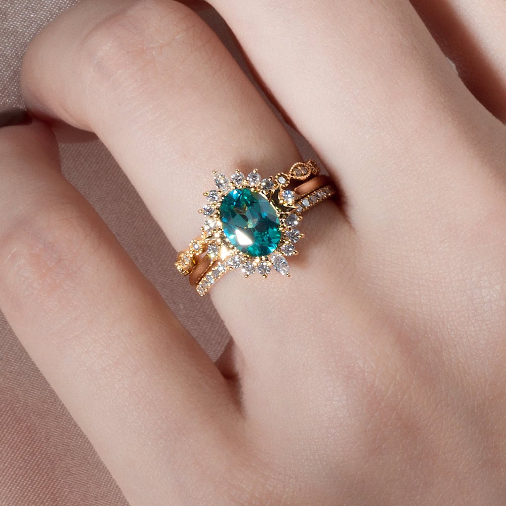 Crescent Moon Oval Cut Mint Green Sapphire Ring - Valley - Image 5