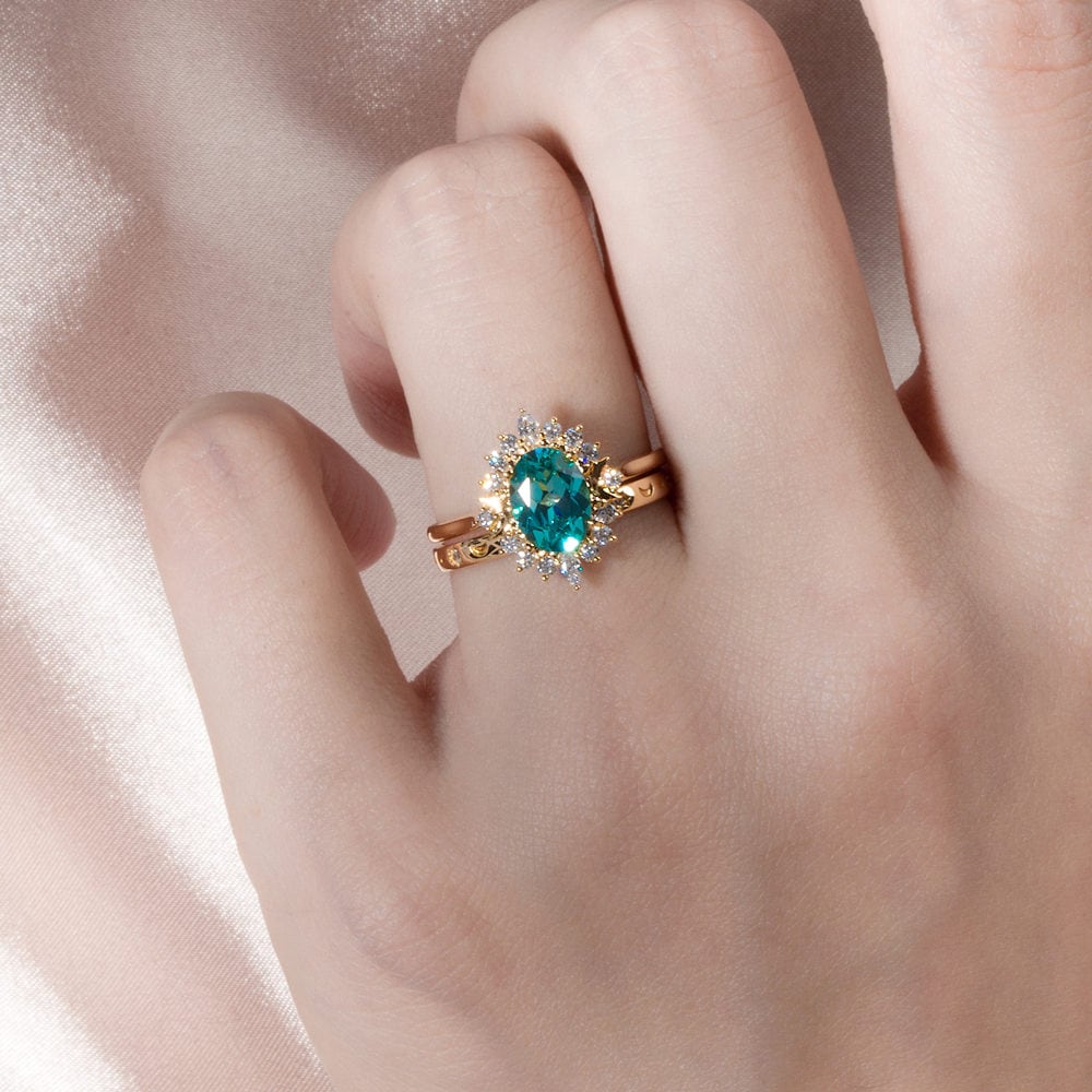 Crescent Moon Oval Cut Mint Green Sapphire Ring - Valley - Image 4