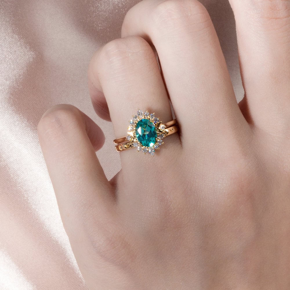 Crescent Moon Oval Cut Mint Green Sapphire Ring - Valley - Image 4