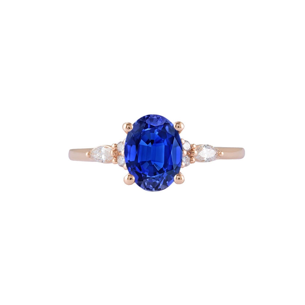 Oval Cut Blue Sapphire Diamond Ring - Navy