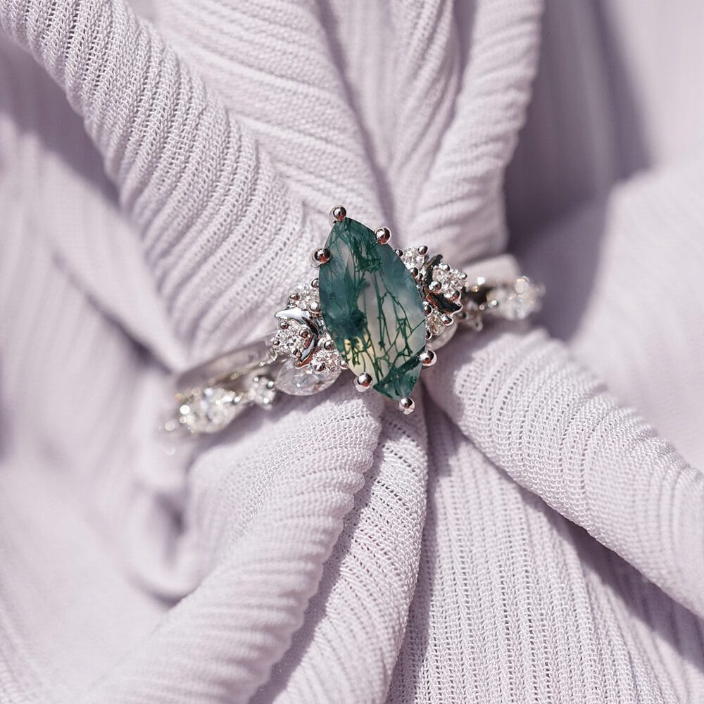 Crescent Moon Marquise Cut Moss Agate Ring -  Sylvia - Image 3