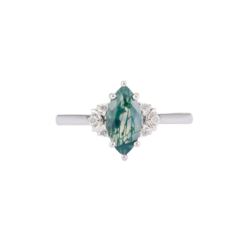 Crescent Moon Marquise Cut Moss Agate Ring -  Sylvia
