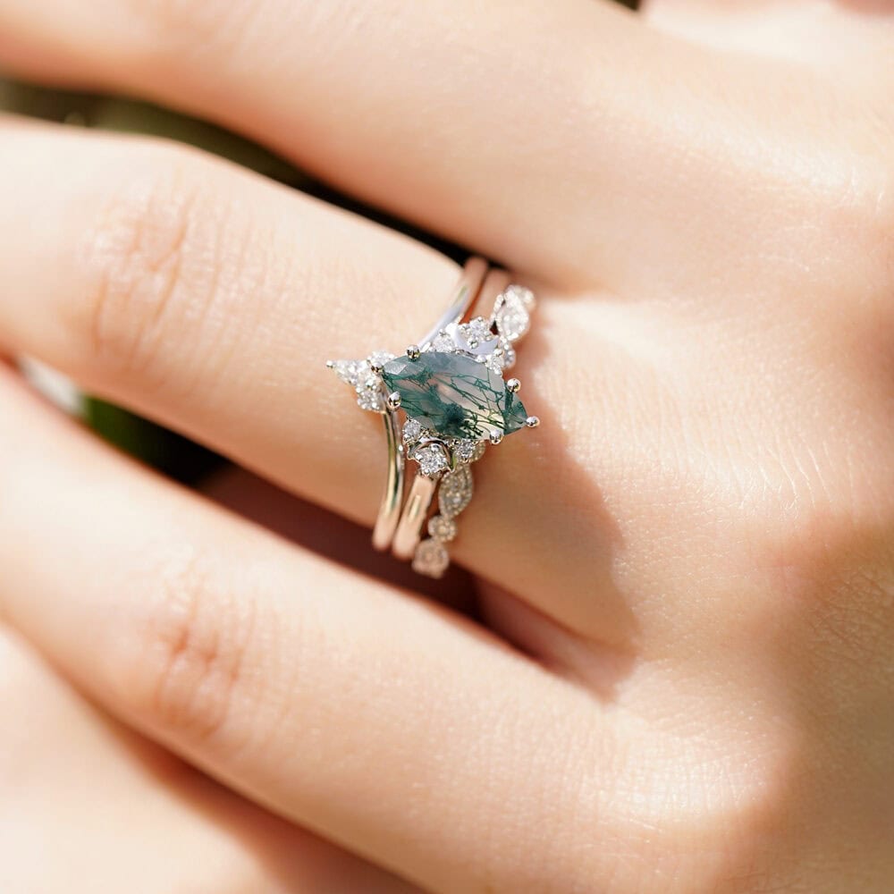 Crescent Moon Marquise Cut Moss Agate Ring -  Sylvia - Image 2