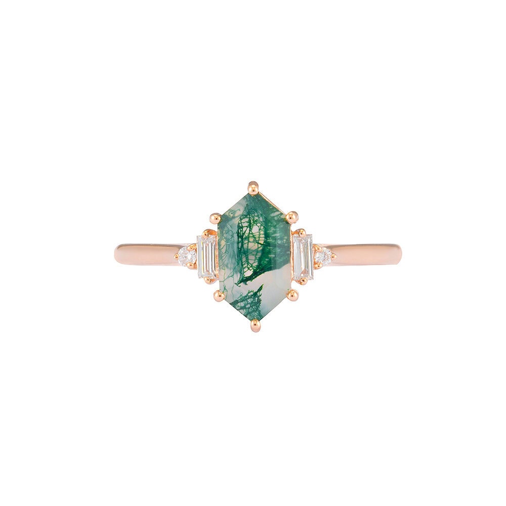 Hexagon Moss Agate And Baguette Diamond Ring - Wren