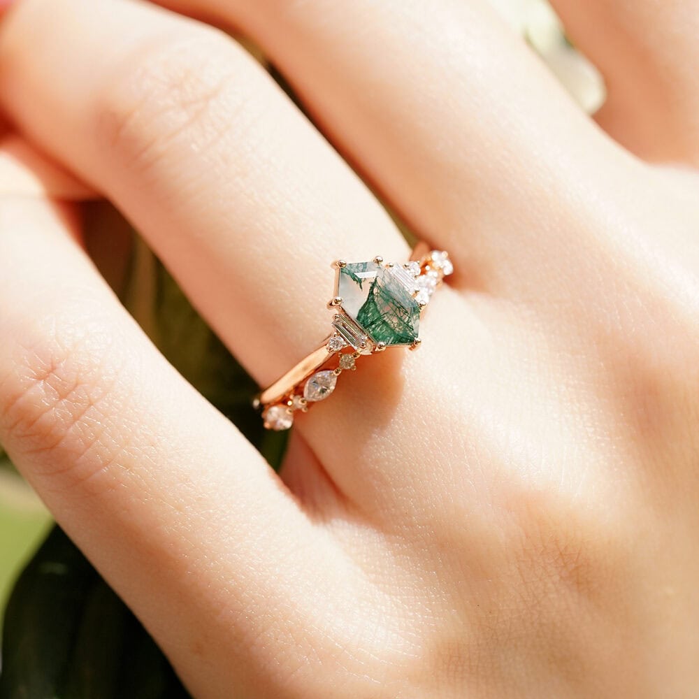 Hexagon Moss Agate And Baguette Diamond Ring - Wren - Image 3