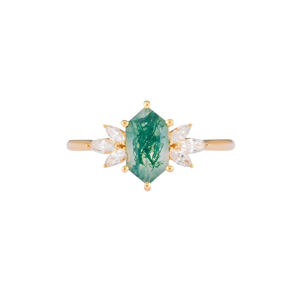 Hexagon Moss Agate And Marquise Diamond Ring - Meadow