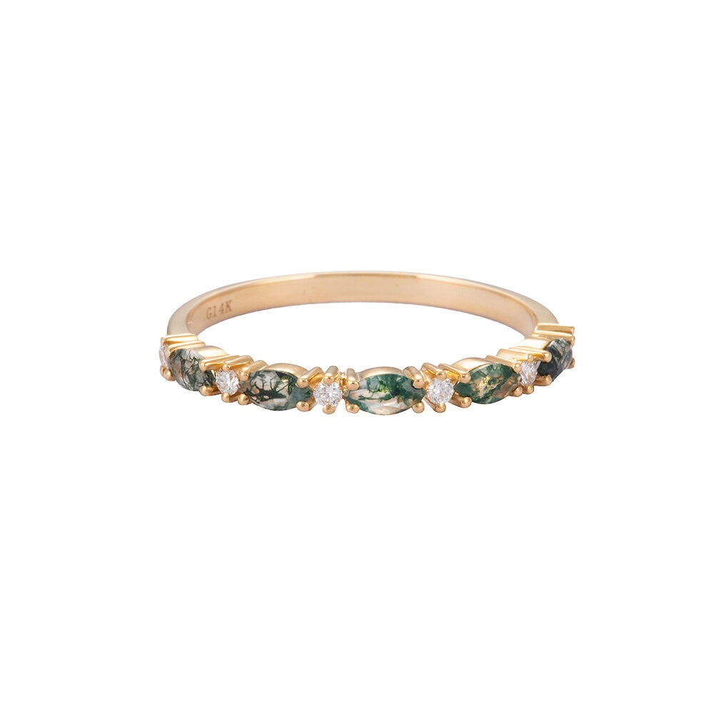 Marquise Moss Agate Diamond Wedding Band - Skye