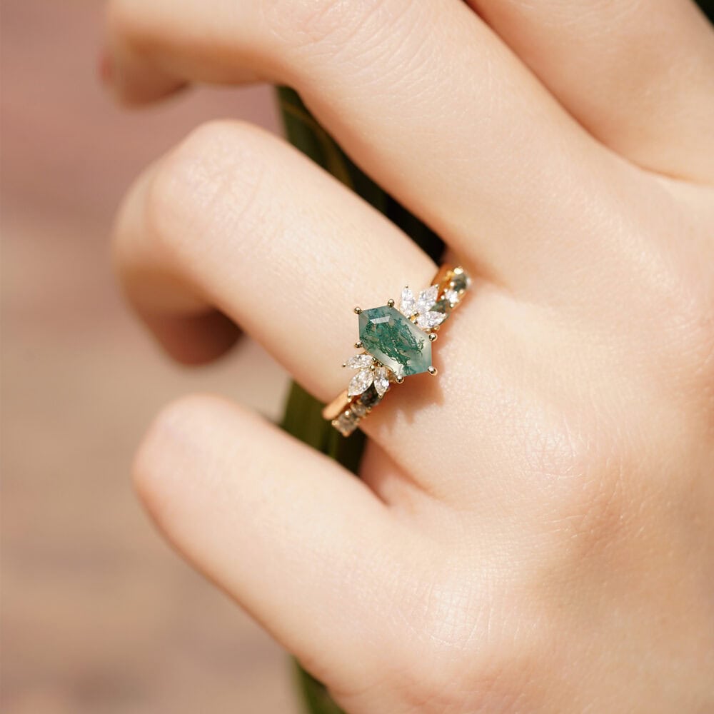 Marquise Moss Agate Diamond Wedding Band - Skye - Image 3