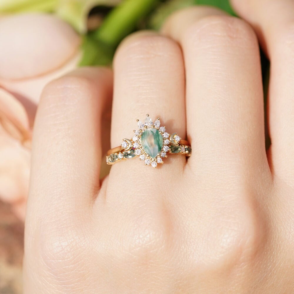 Marquise Moss Agate Diamond Wedding Band - Skye - Image 5