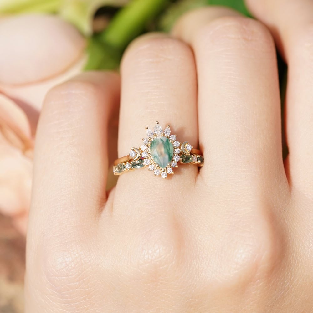 Marquise Moss Agate Diamond Wedding Band - Skye - Image 5
