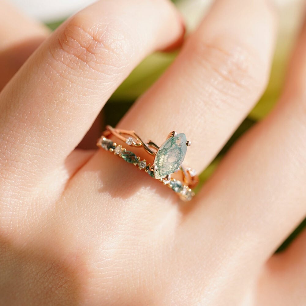Marquise Moss Agate Diamond Wedding Band - Skye - Image 4