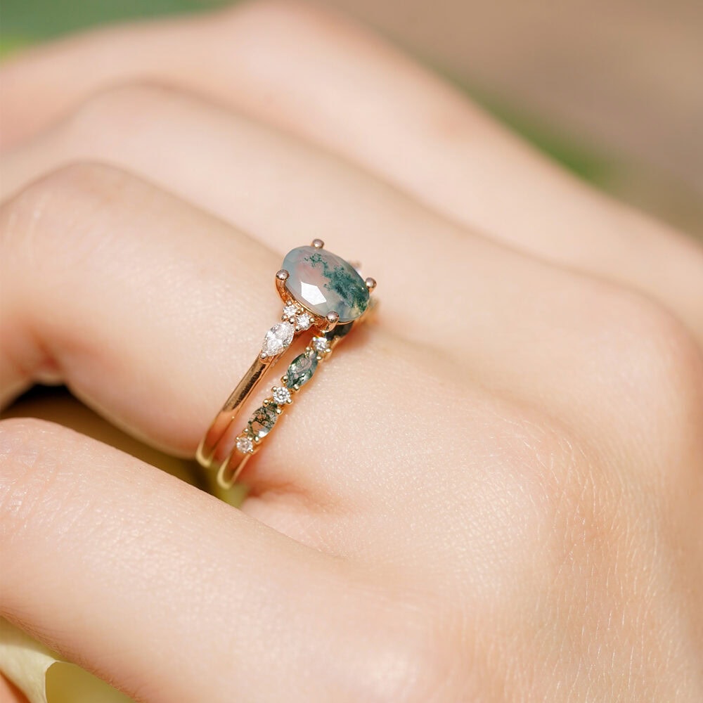 Marquise Moss Agate Diamond Wedding Band - Skye - Image 7