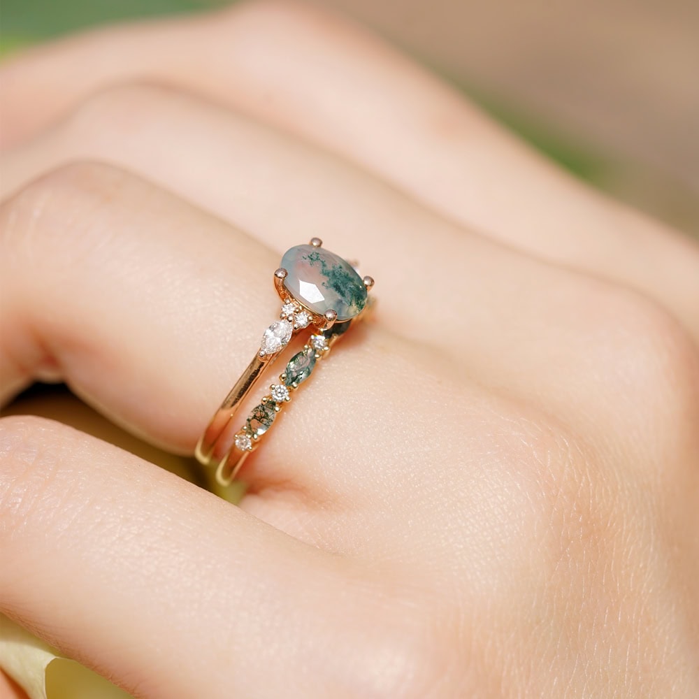 Marquise Moss Agate Diamond Wedding Band - Skye - Image 7