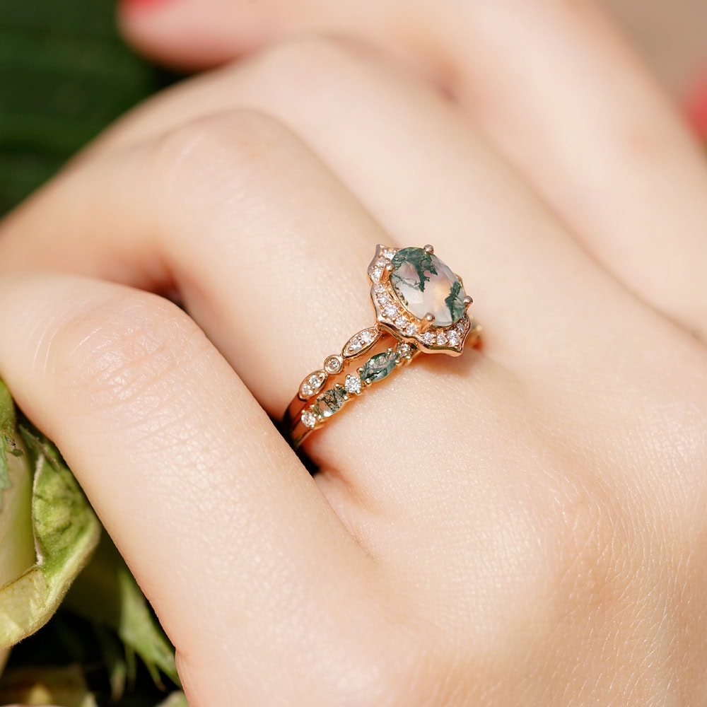 Marquise Moss Agate Diamond Wedding Band - Skye - Image 9