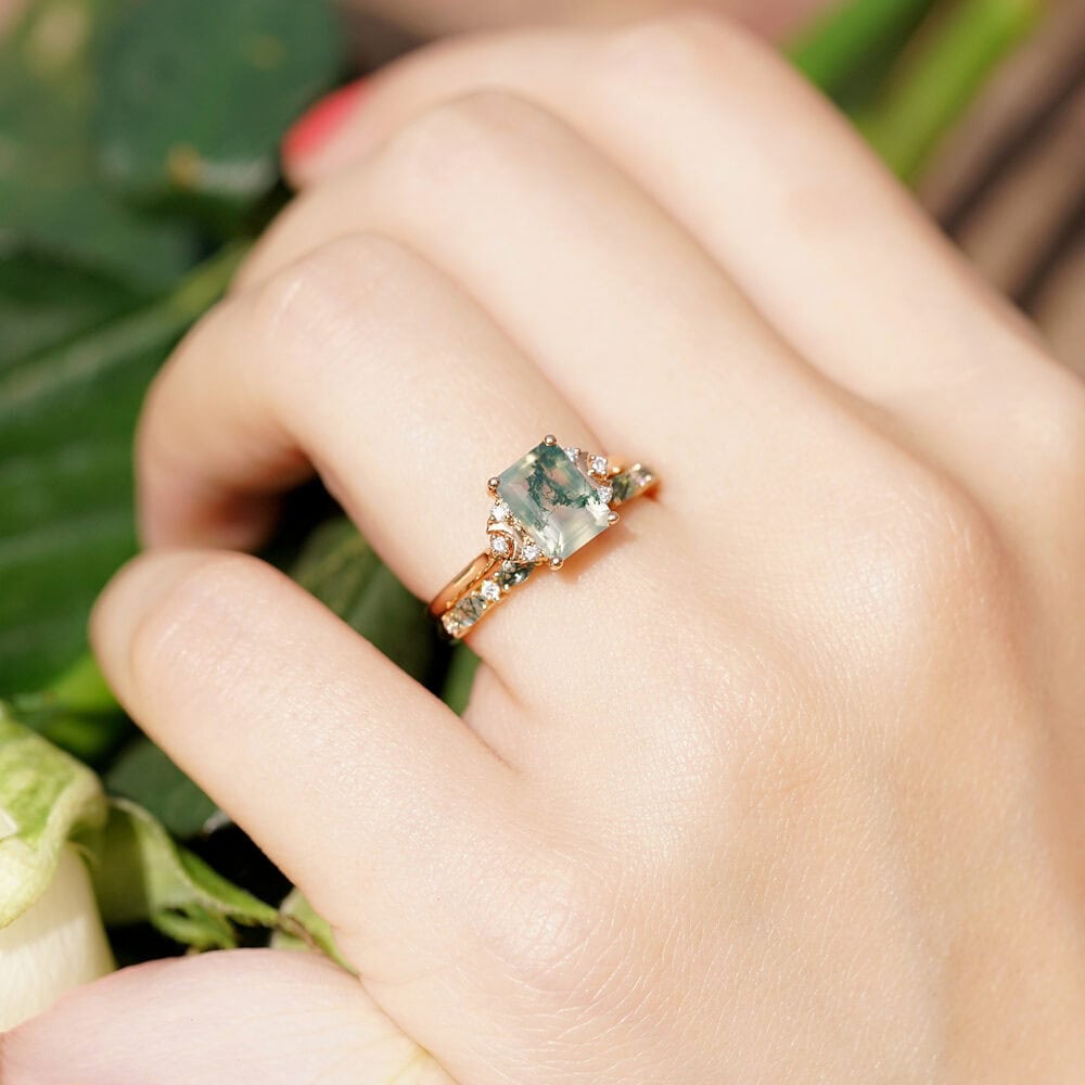 Marquise Moss Agate Diamond Wedding Band - Skye - Image 8