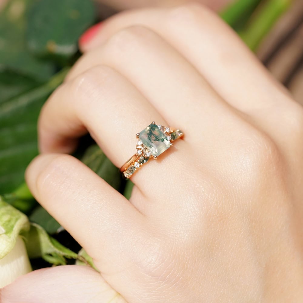 Marquise Moss Agate Diamond Wedding Band - Skye - Image 8