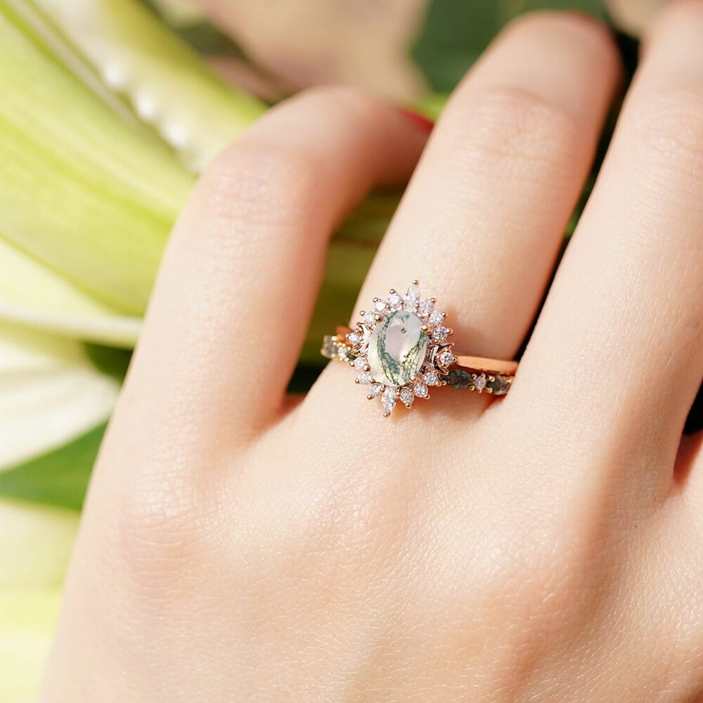 Marquise Moss Agate Diamond Wedding Band - Skye - Image 10