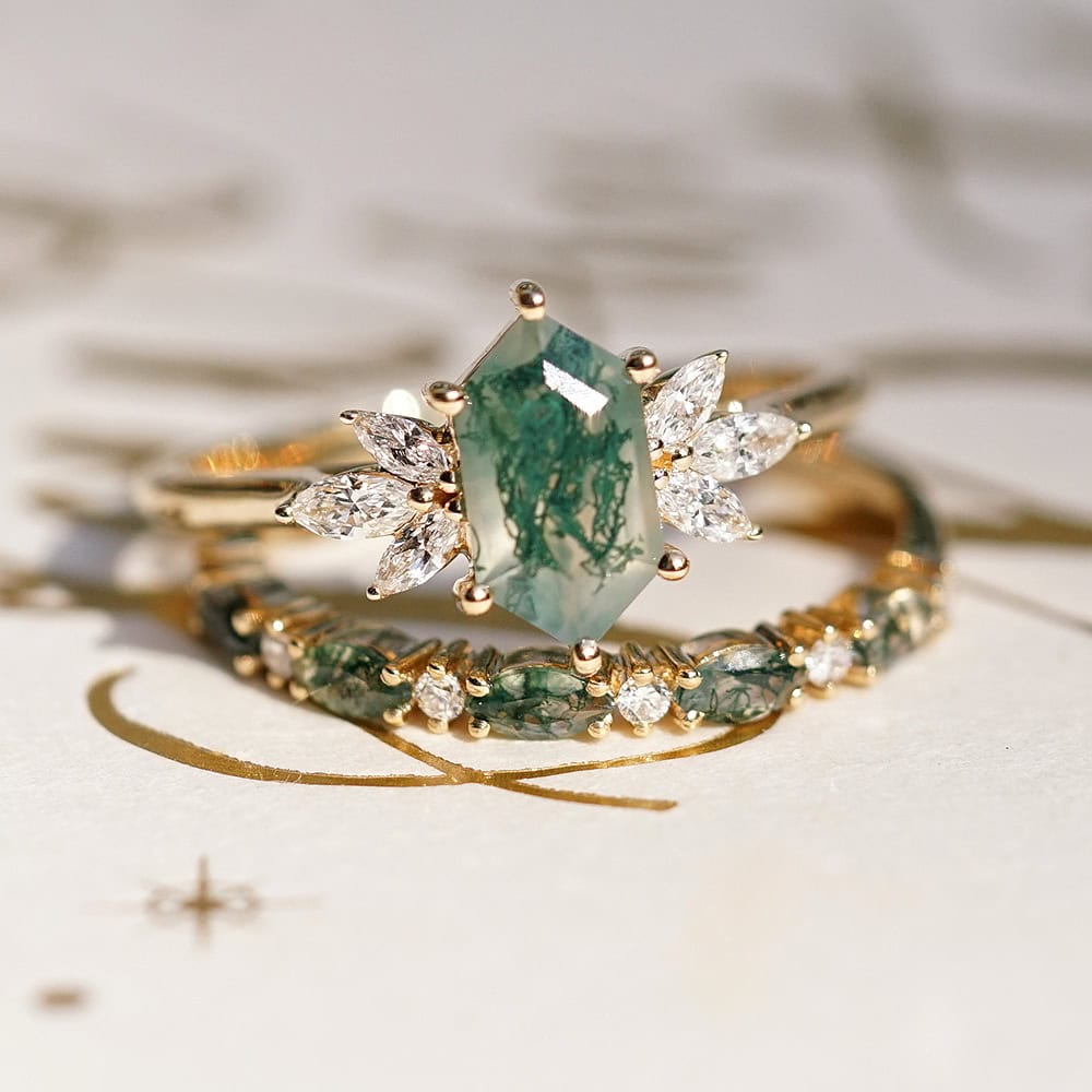 Hexagon Moss Agate And Marquise Diamond Ring - Meadow - Image 8