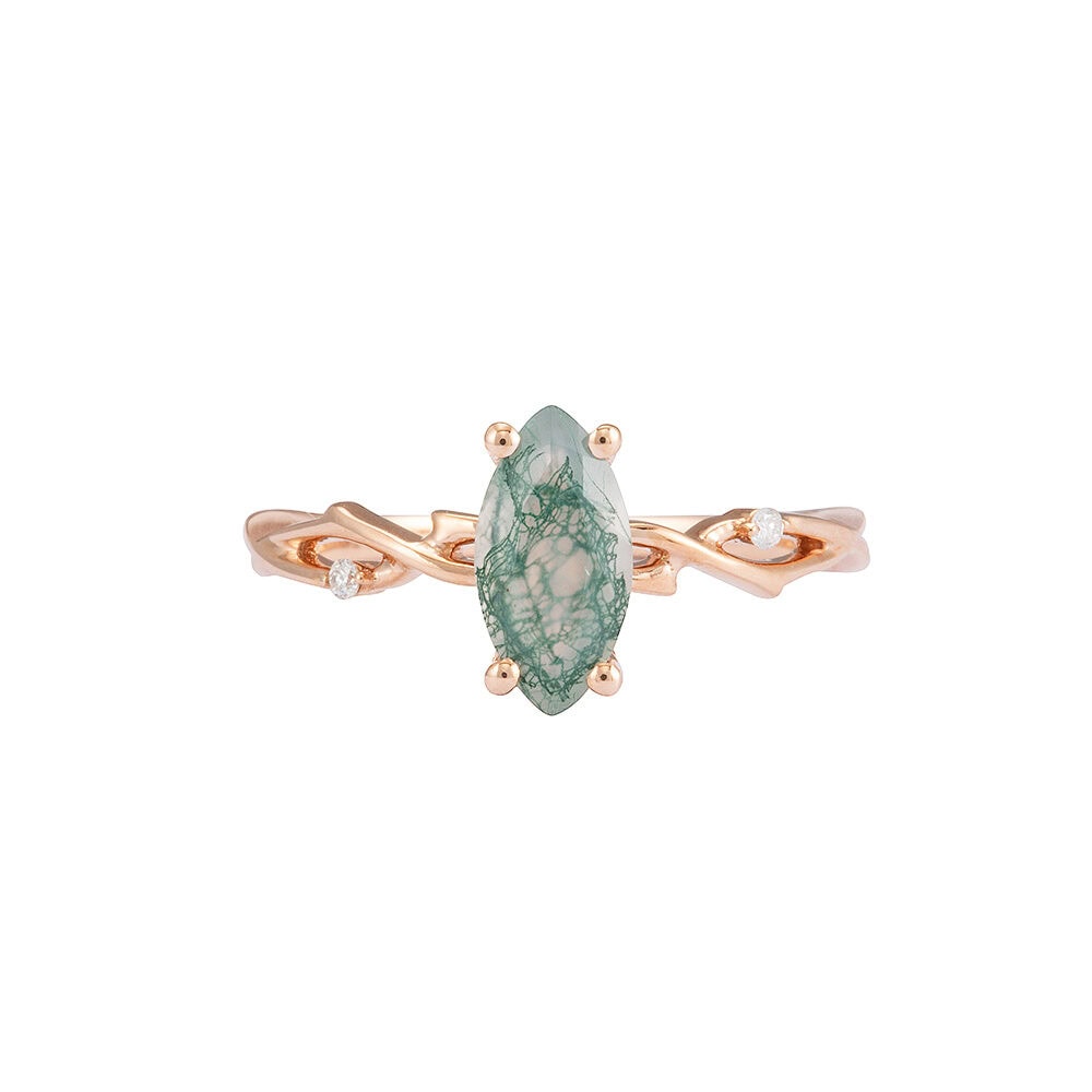 Twig Engagement Ring In Marquise Cut Moss Agate - Zara