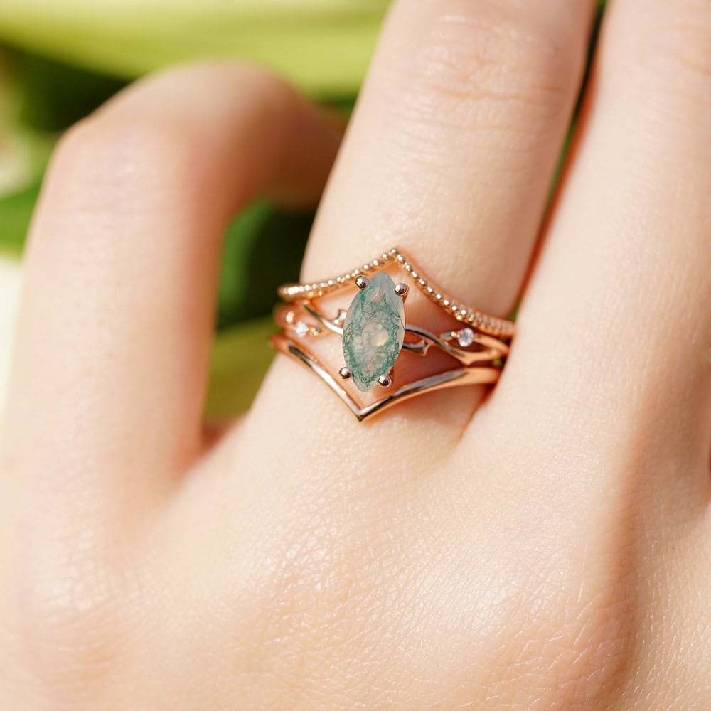 Twig Engagement Ring In Marquise Cut Moss Agate - Zara - Image 6