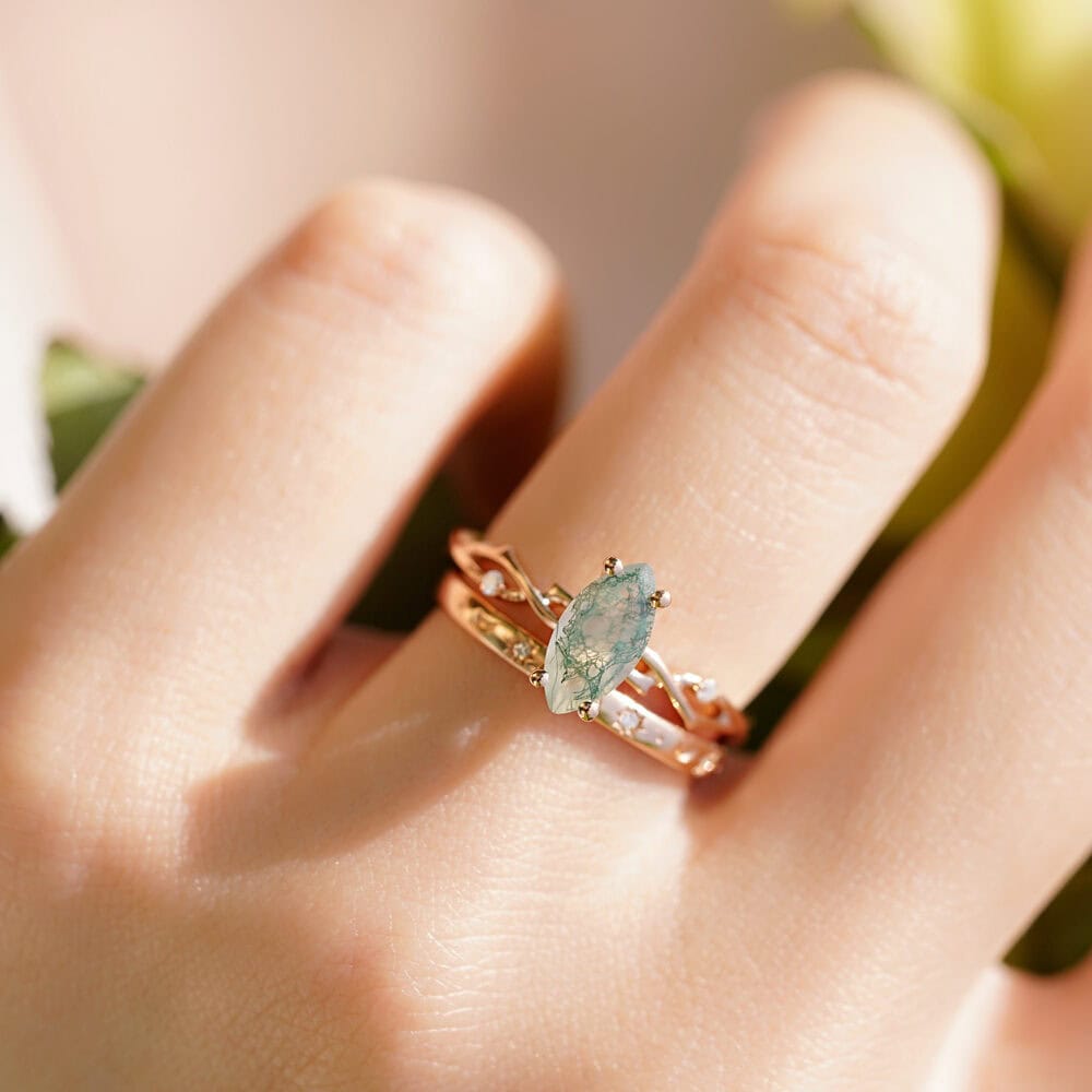 Twig Engagement Ring In Marquise Cut Moss Agate - Zara - Image 3