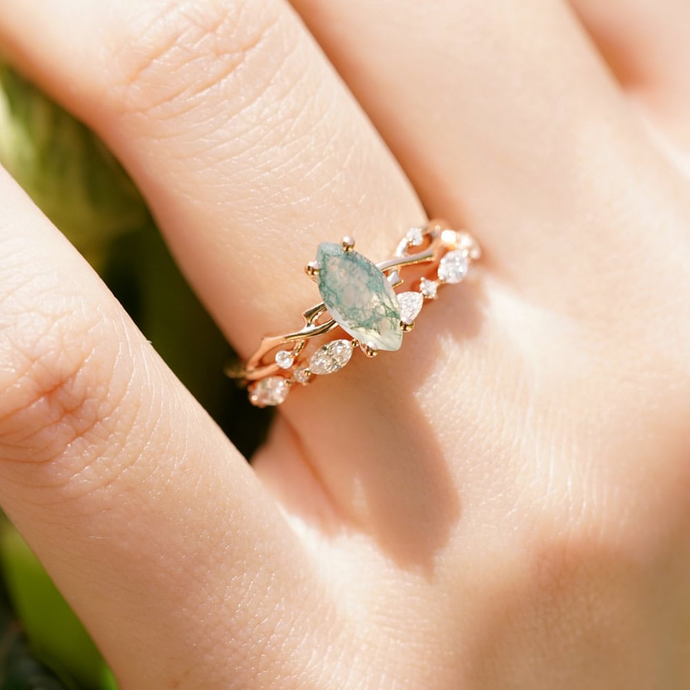 Twig Engagement Ring In Marquise Cut Moss Agate - Zara - Image 4