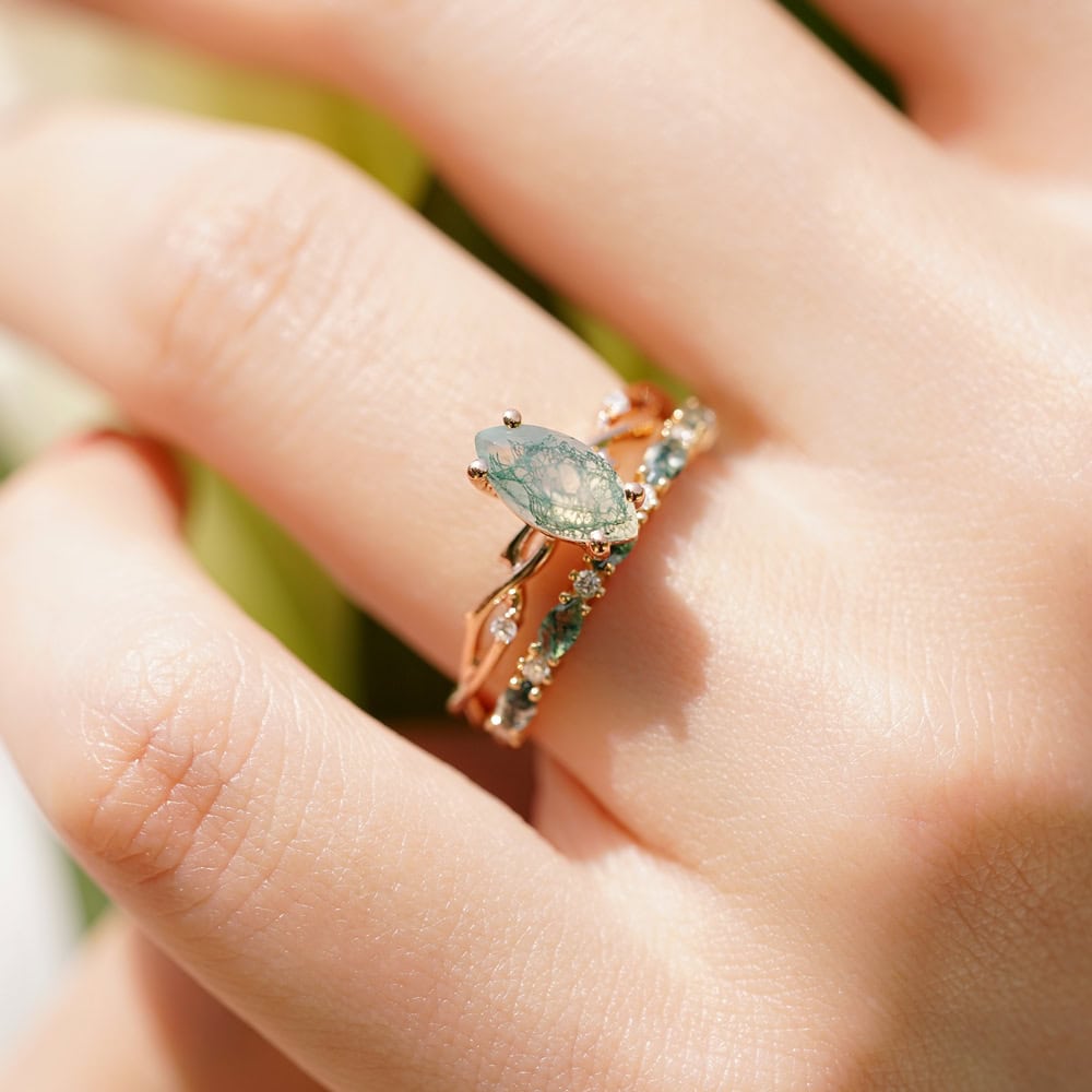 Twig Engagement Ring In Marquise Cut Moss Agate - Zara - Image 5