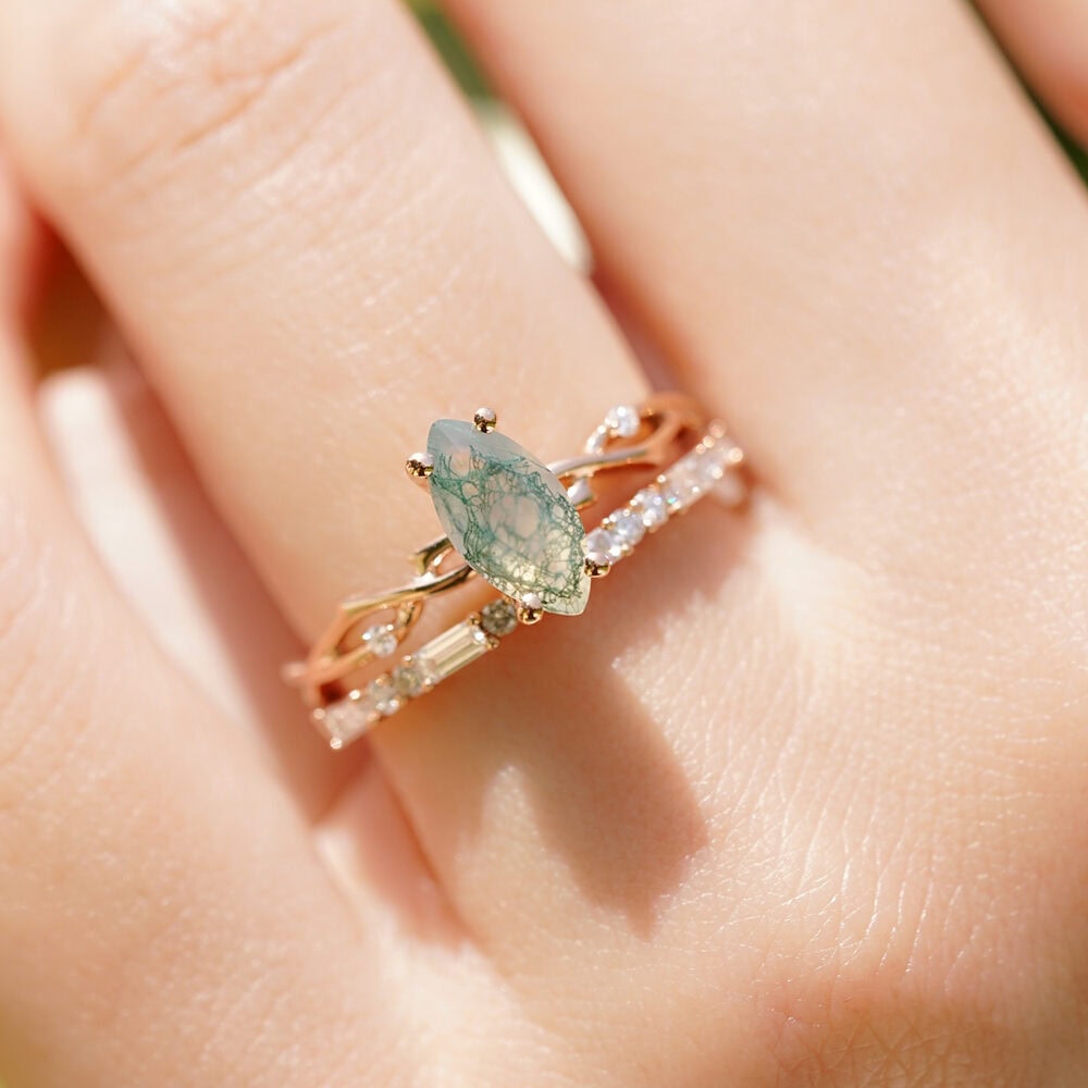 Twig Engagement Ring In Marquise Cut Moss Agate - Zara - Image 7