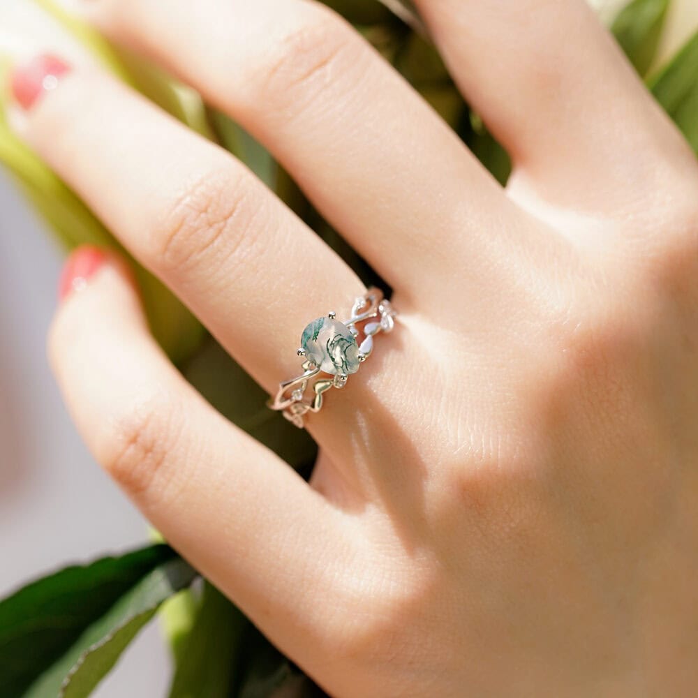 Twig Engagement Ring In Pear Cut Moss Agate - Ember - Image 3