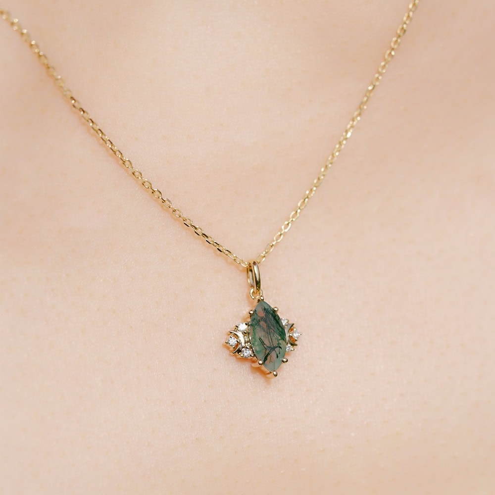 Crescent Moon Marquise Cut Moss Agate Necklace -  Spring - Image 3