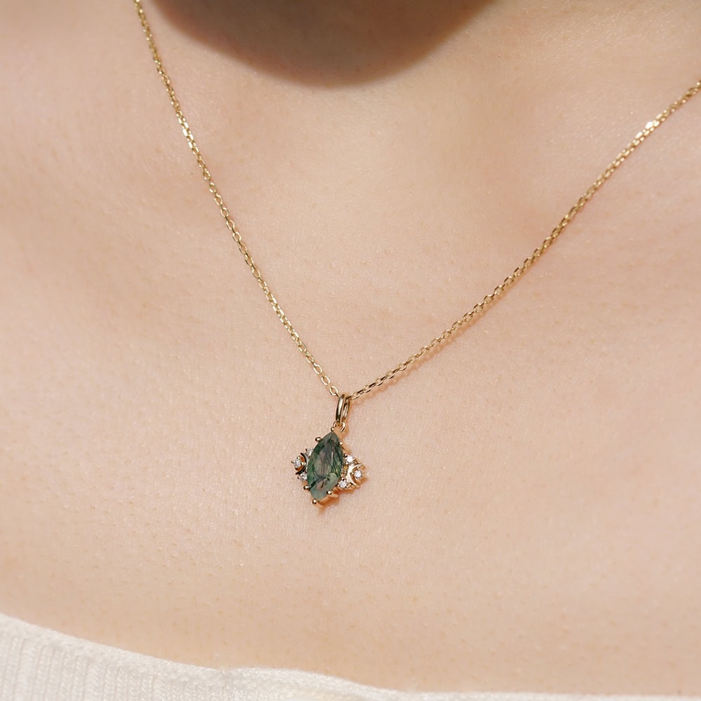 Crescent Moon Marquise Cut Moss Agate Necklace -  Spring - Image 5