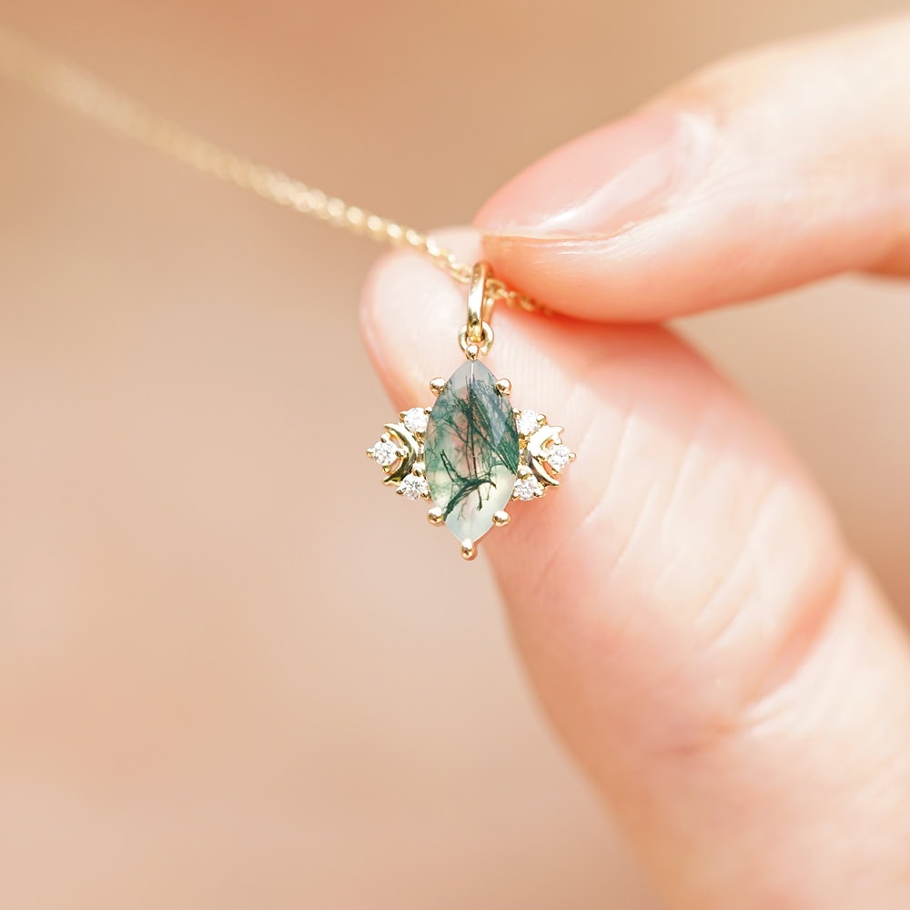 Crescent Moon Marquise Cut Moss Agate Necklace -  Spring - Image 2