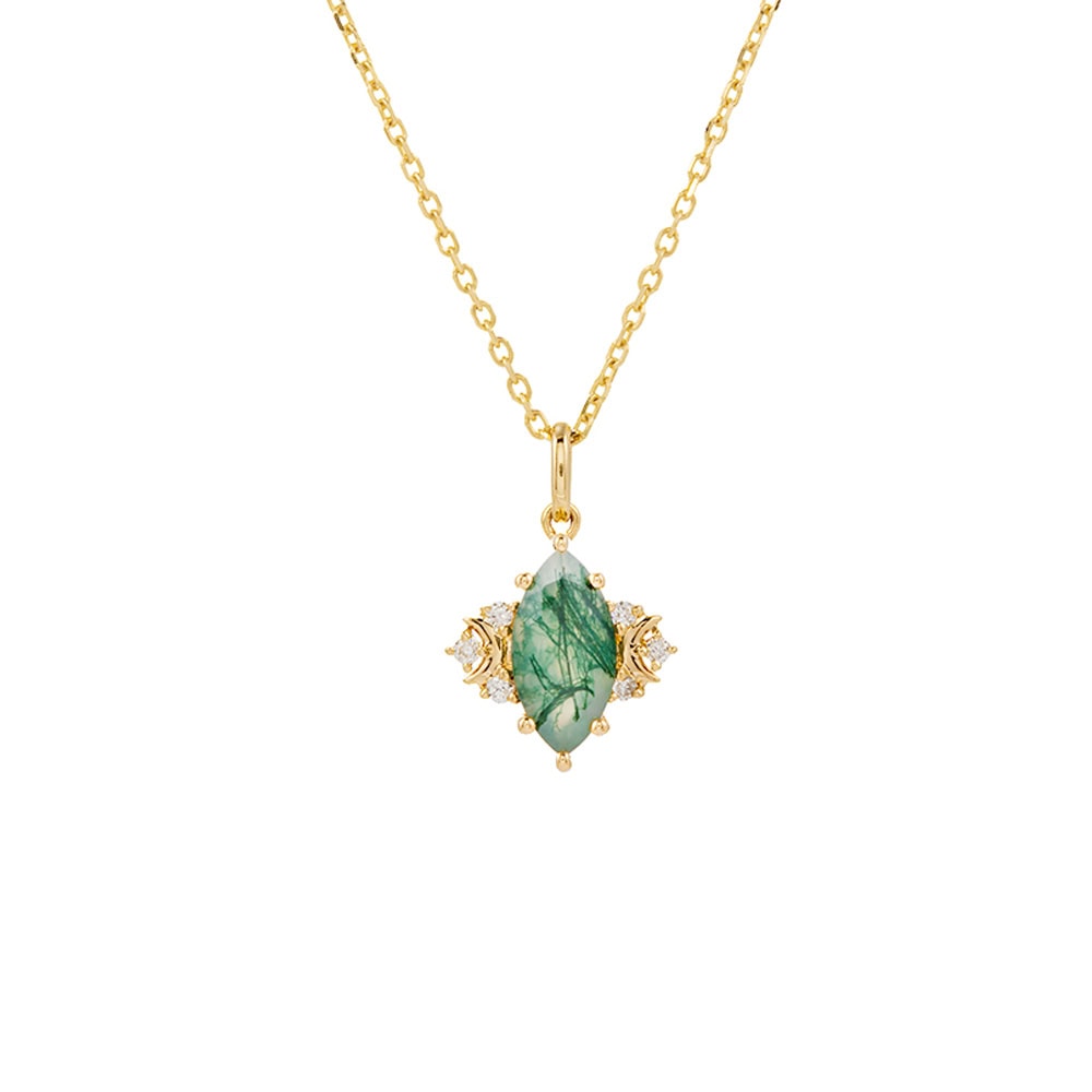 Crescent Moon Marquise Cut Moss Agate Necklace -  Spring
