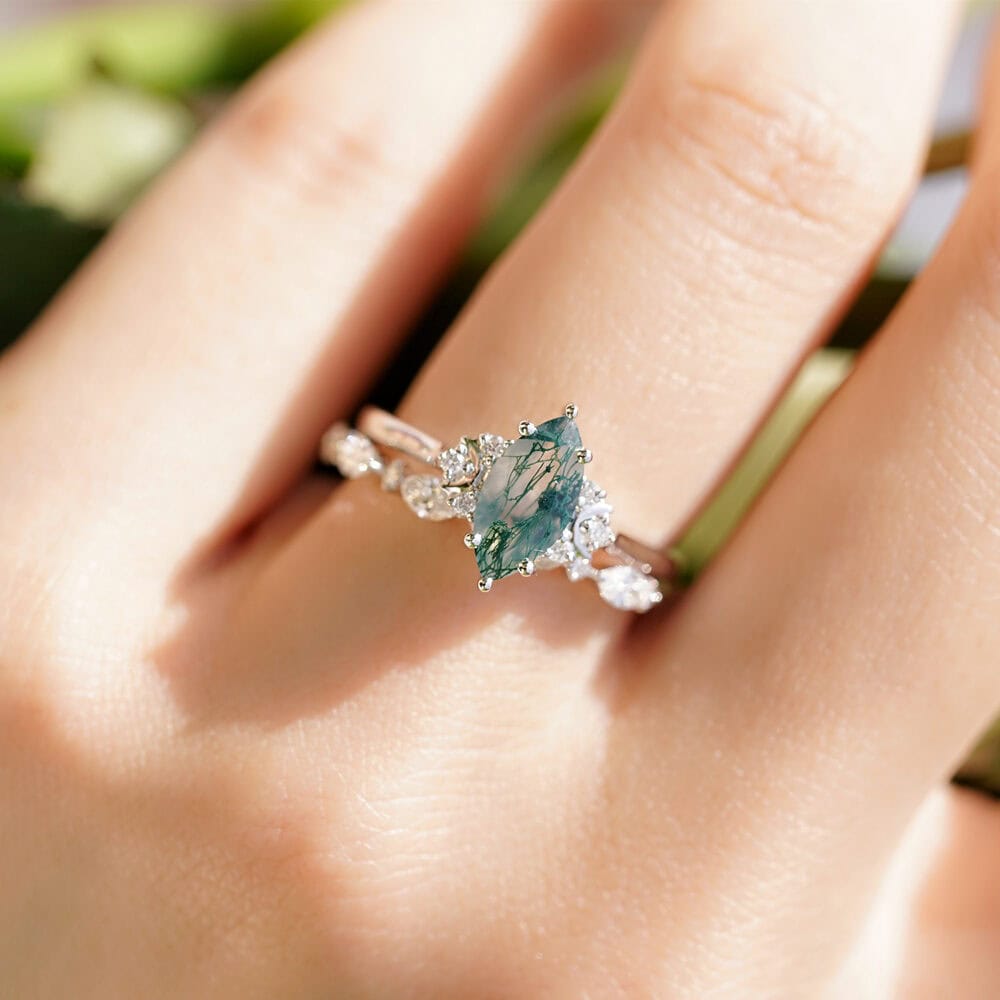 Crescent Moon Marquise Cut Moss Agate Ring -  Sylvia - Image 4