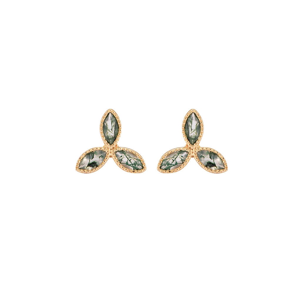 Marquise Cut Moss Agate Studs -  Flora