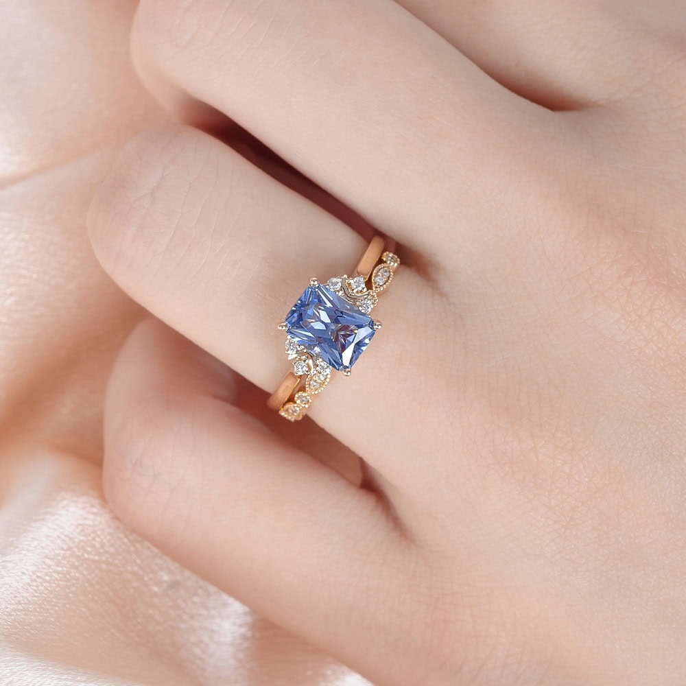 Crescent Moon Emerald Cut Sapphire Ring - Gemma - Image 2