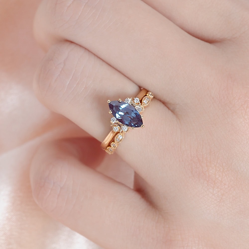 Crescent Moon Marquise Cut Alexandrite Ring -  Faye - Image 2