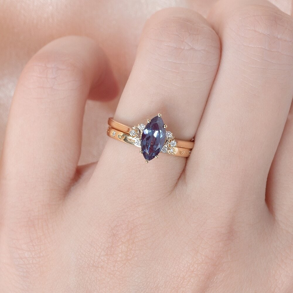 Crescent Moon Marquise Cut Alexandrite Ring -  Faye - Image 3