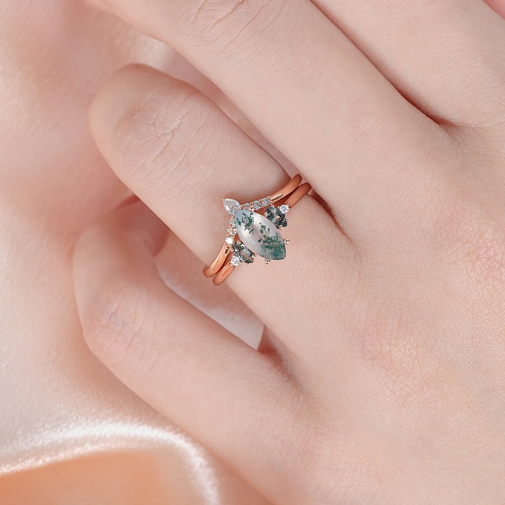 Five Stone Marquise Cut Moss Agate Ring- Emery - Image 3