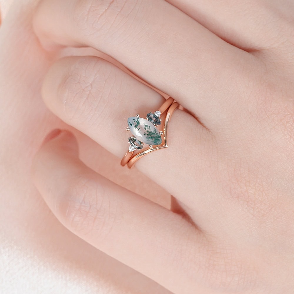 Five Stone Marquise Cut Moss Agate Ring- Emery - Image 7